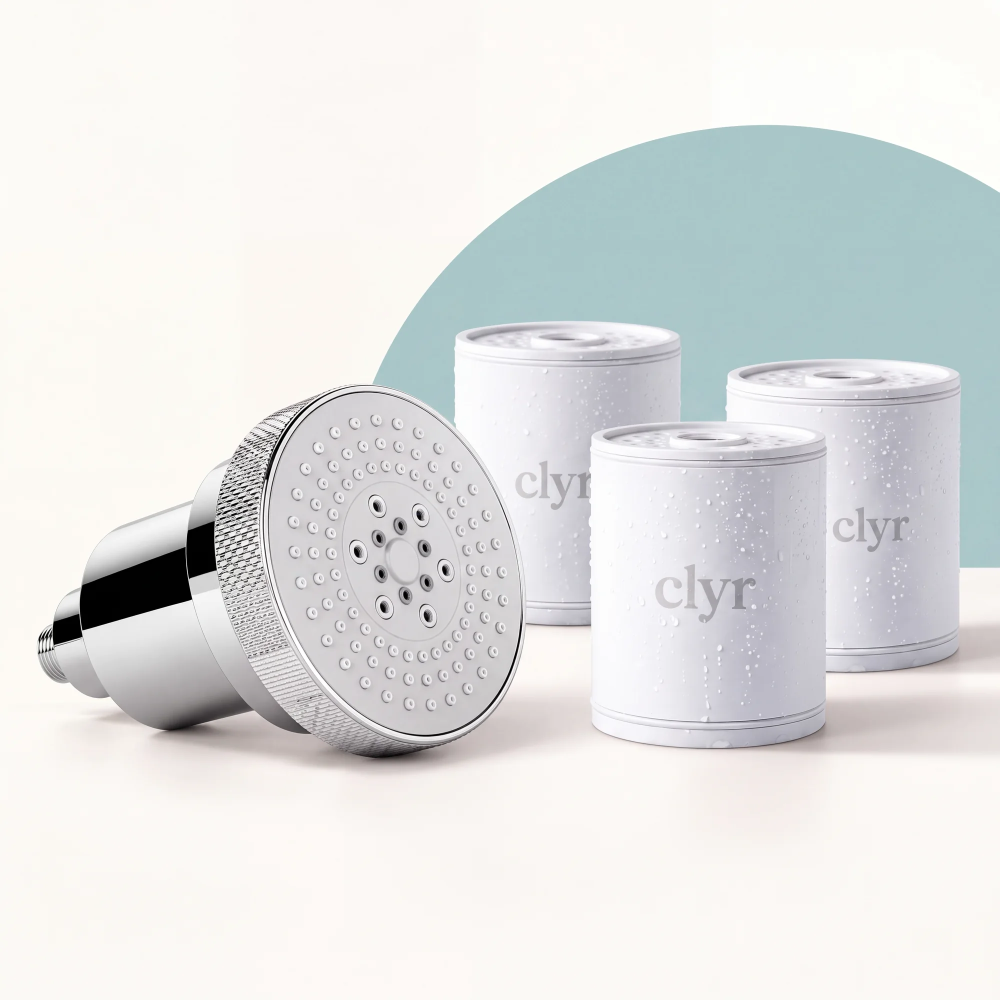 Clyr bundle contents with showerhead and three additional replacement filters