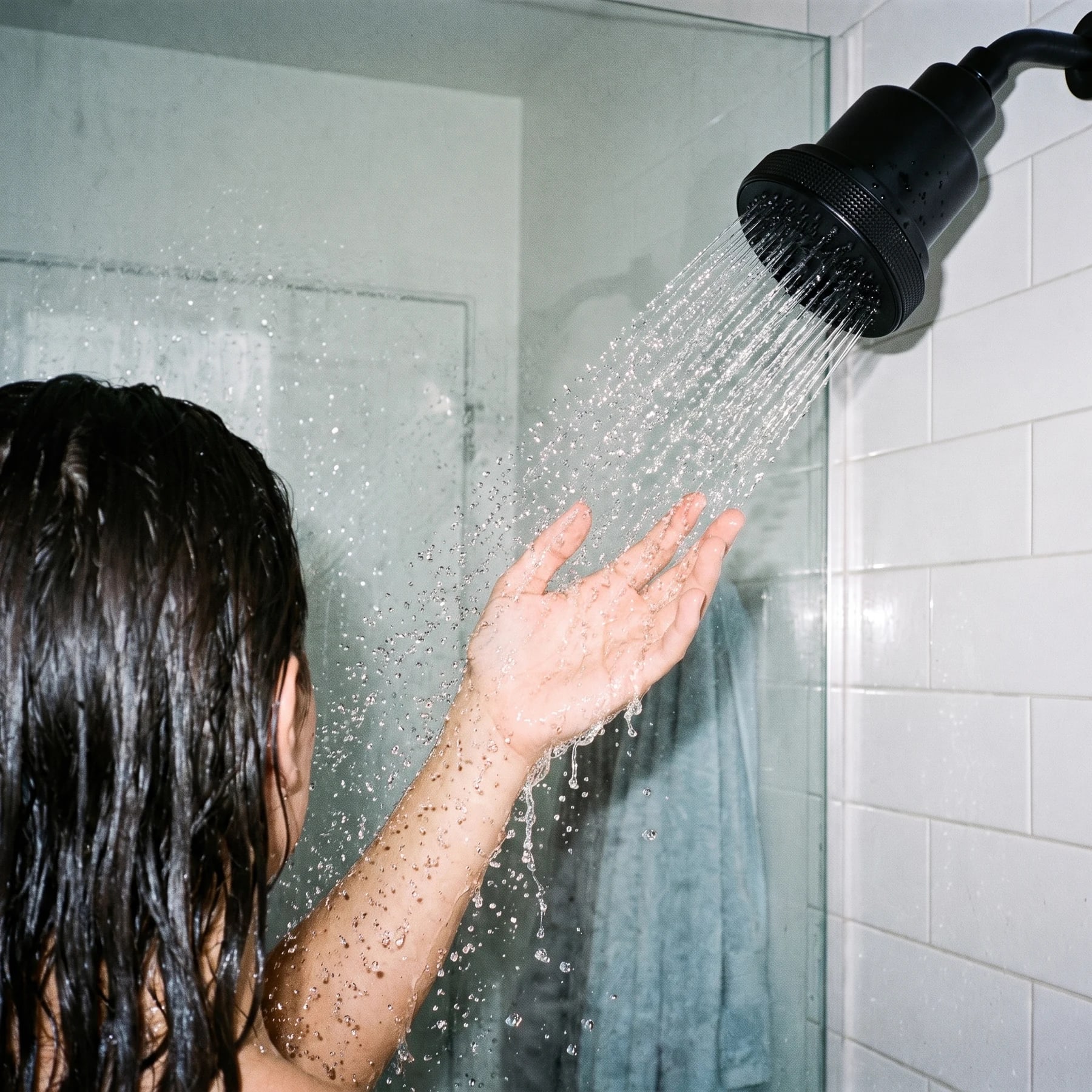 Water flowing through an installed matte black Clyr showerhead