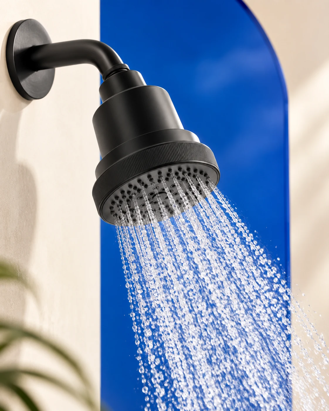 Matte black Clyr showerhead installed with water running
