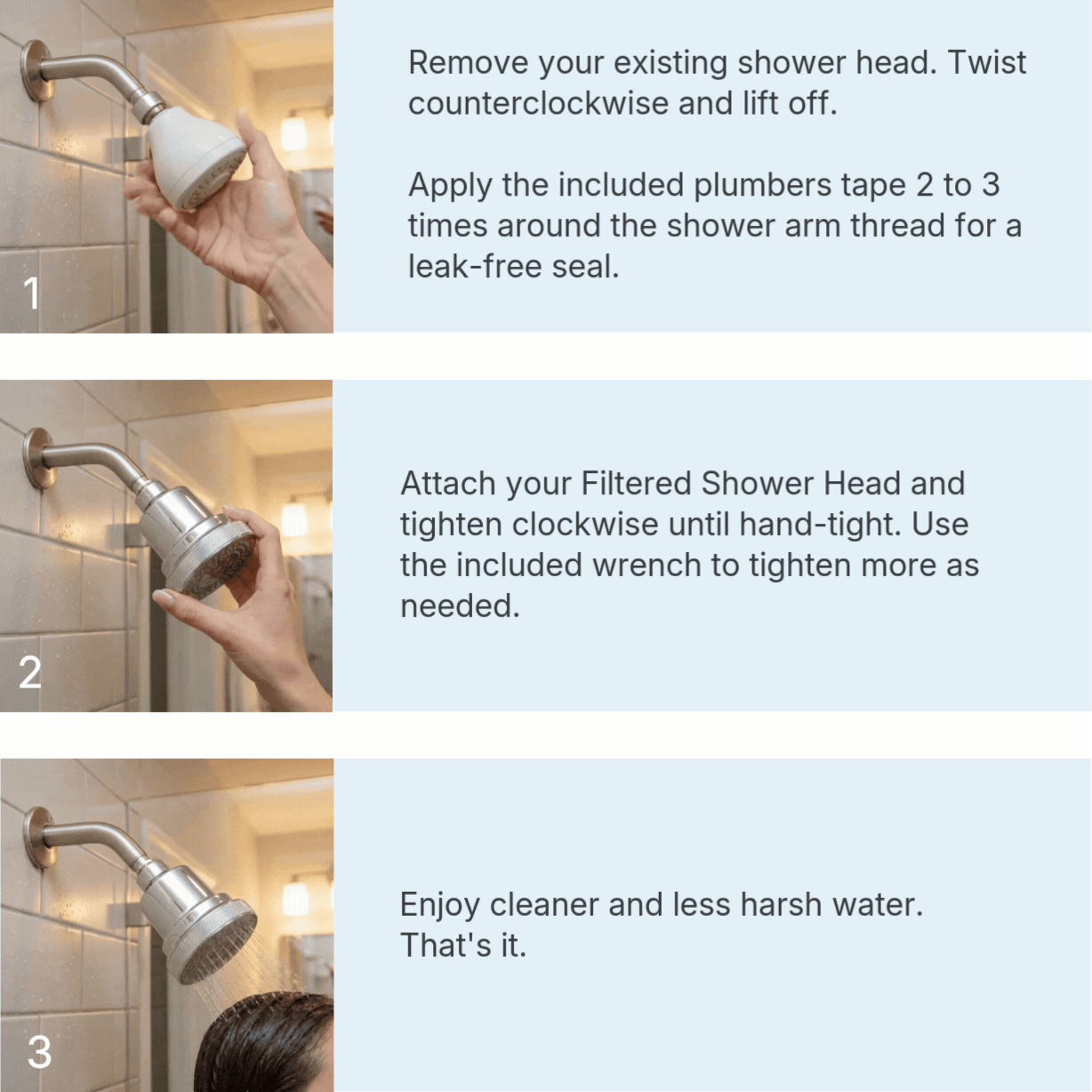 Animated three-step Clyr showerhead installation guide